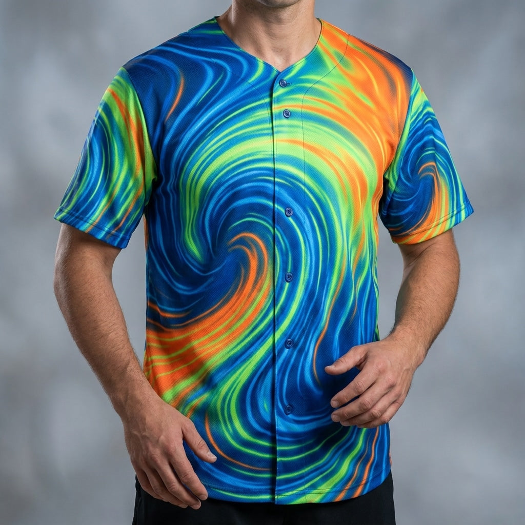 Dynamic Energy Motion Baseball Jersey with Vibrant Color Gradients