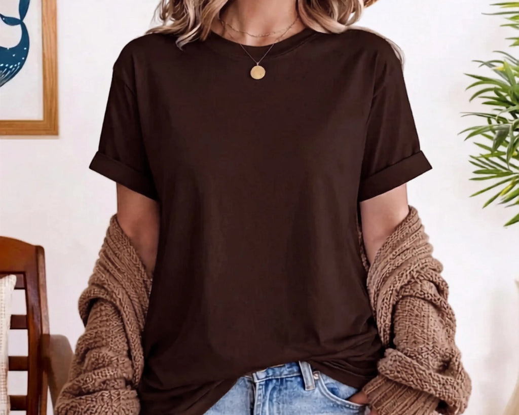 Earthy Chocolate Brown Cotton Tee | Minimalist Neutral Aesthetic Shirt