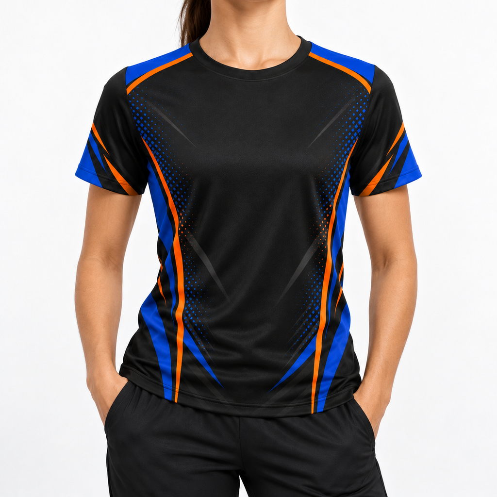 Women's Graphic Athletic Tee - Blue & Orange Accent Short Sleeve Sport Shirt