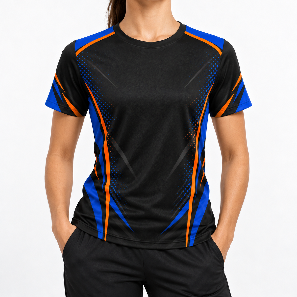 Women's Graphic Athletic Tee - Blue & Orange Accent Short Sleeve Sport Shirt